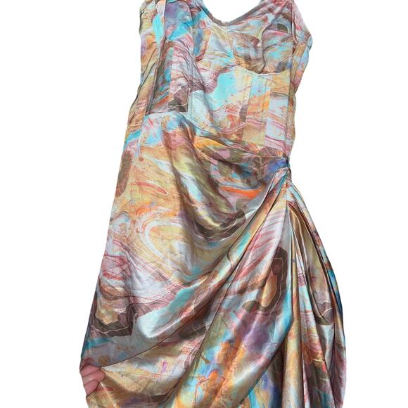 PrettyLittleThing Multi Marble Print Satin Ruched Corset Midi Dress - Picture 3 of 5